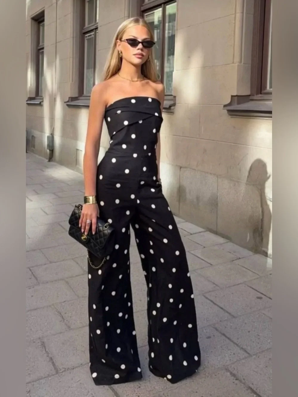 Sezane Editions Stella polka dot strapless trouser jumpsuit